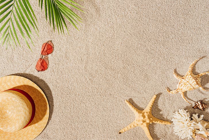 sand, beach, summer, stay, vacation, hat, glasses, shell, happy, sea, starfish, sunglasses, seashells, HD wallpaper