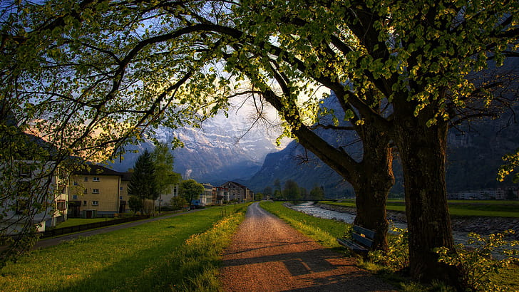 Tyst grusväg i Alperna i Schweiz HD, fjällängar, bänk, smuts, tyst, snö, Schweiz, HD tapet