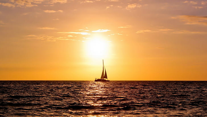 hav, solljus, båt, horisont, himmel, HD tapet