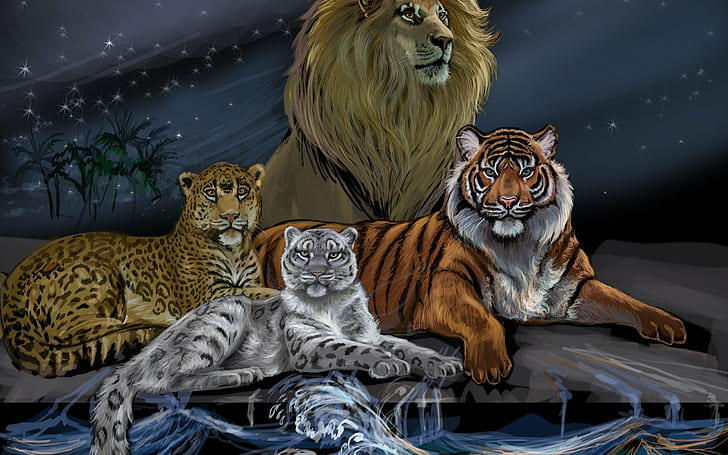artwork, digital art, leopard, lion, Snow leopard, Tiger, Trees, waves, HD wallpaper