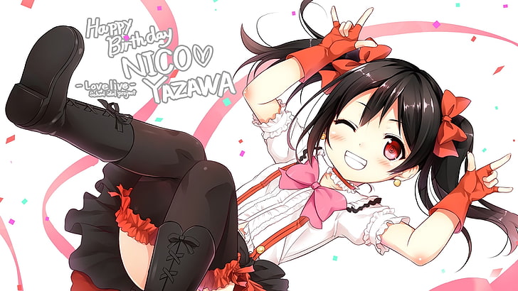 girl in black long hair anime character, Love Live!, Yazawa Nico, twintails, red eyes, anime, anime girls, thigh-highs, feet, feet in the air, bowtie, dark hair, looking at viewer, smiling, loli, HD wallpaper