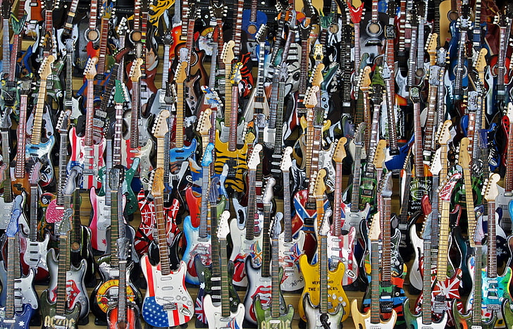 assorted electric guitars, music, background, guitar, HD wallpaper
