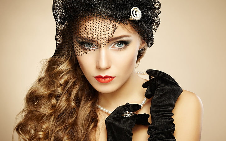 women, face, brunette, pearl necklace, portrait, gloves, hat, long hair, model, HD wallpaper