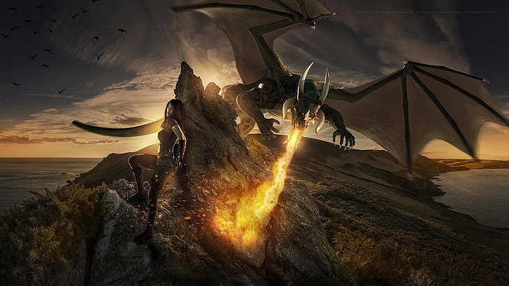 papel de parede digital de mulher, dragão e montanha, arte de fantasia, dragão, fogo, HD papel de parede