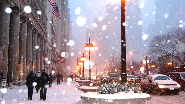 الثلج ، الشتاء ، المنطقة الحضرية ، المدينة ، التجميد ، المدينة ، المساء ، شيكاغو ، الولايات المتحدة الأمريكية ، تساقط الثلوج، خلفية HD