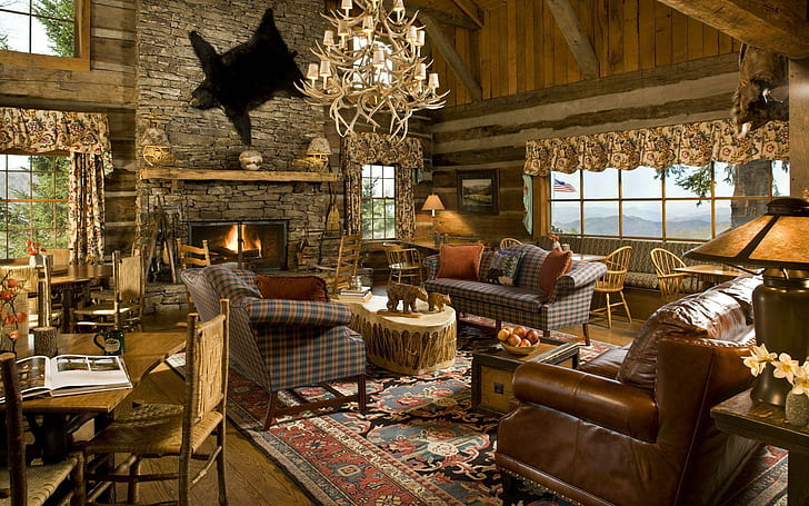 Mountain cabin in the USA, living room set, photography, 1920x1200, room, mountain, cabin, HD wallpaper