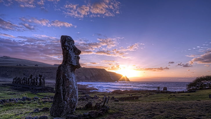 natur, solnedgång, landskap, staty, Moai, påskön, HD tapet