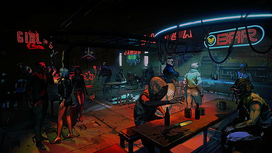 persone all'interno del bar illustrazione, grafica bar, RUINER, cyberpunk, videogiochi, bar, insegna al neon, Sfondo HD HD wallpaper