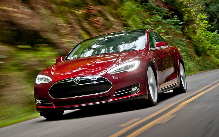 red Tesla Model S, tesla, model s, tesla model s, red, HD wallpaper
