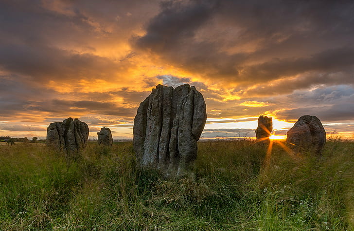 photography of grey rocks on green grass field under grey skies, duddo, duddo, Duddo Five Stones, photography, rocks, green grass, grass field, grey skies, england, nikon, landscape, sunset, famous Place, megalith, stonehenge, cultures, history, sky, sunrise - Dawn, nature, rock - Object, ancient, travel, scenics, tourism, HD wallpaper