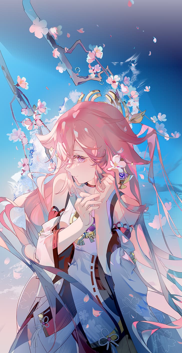Genshin Impact, fleurs, portrait, cheveux roses, Yae Miko (Genshin Impact), cheveux longs, ornement de cheveux, Haochilanzuo, yeux roses, fleur de cerisier, branche, Fond d'écran HD, fond d'écran de téléphone