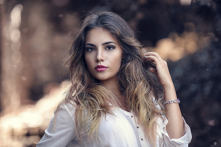 women's white button-up long-sleeved top, woman in white top bokeh photography, brunette, women, model, portrait, bokeh, looking at viewer, eyeliner, white tops, lipstick, long hair, bracelets, Alessandro Di Cicco, HD wallpaper