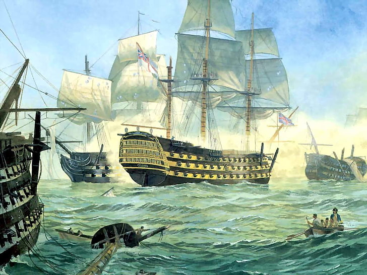 verschiedene Galeonenschiffe auf Gewässermalerei, Segelschiff, Kunstwerk, Royal Navy, Schiff, britisch, HD-Hintergrundbild