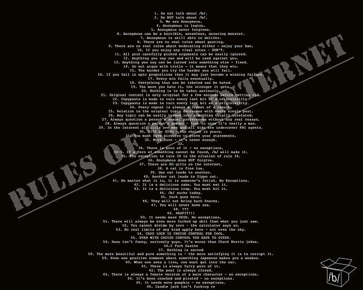 fondo negro con superposición de texto de las reglas de Internet, infografías, internet, cita, 4chan, humor, Fondo de pantalla HD