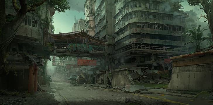 ruins, postapocalyptic, Hong Kong, the ruined city, in the dark, deserted city, abandoned area, destroyed buildings, by Daniel Romanovsky, HD wallpaper
