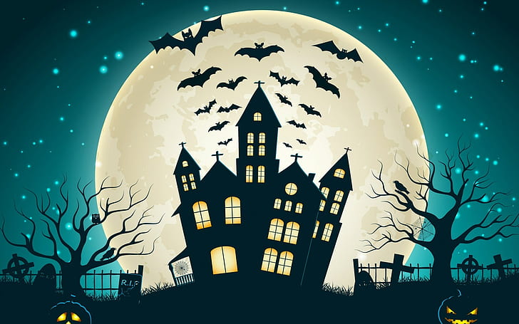 Halloween, lune, cimetière, effrayant, nuit, citrouille, chauves-souris, Fond d'écran HD