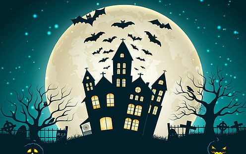 Halloween, måne, kyrkogård, spöklik, natt, pumpa, fladdermöss, HD tapet HD wallpaper