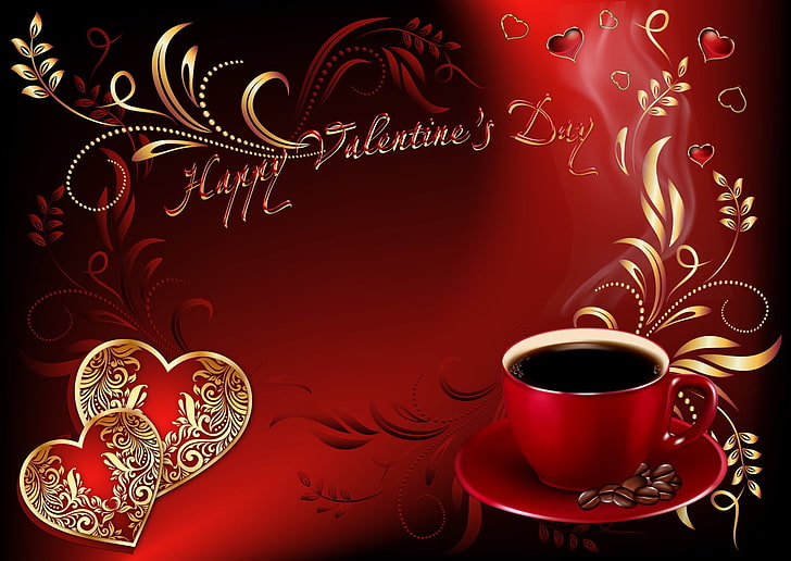 Праздник, День святого Валентина, Кофе, С Днем Святого Валентина, Сердце, Красный, HD обои