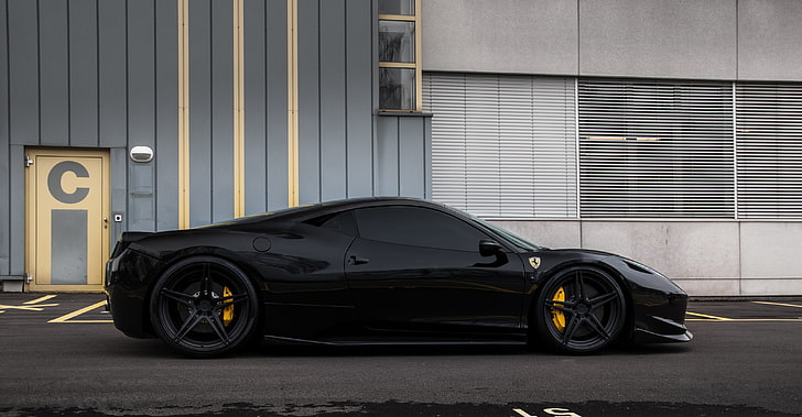 lack Ferrari 458 Italia coupe, black, the building, Windows, profile, wheels, Ferrari, drives, Italy, 458 italia, tinted, HD wallpaper