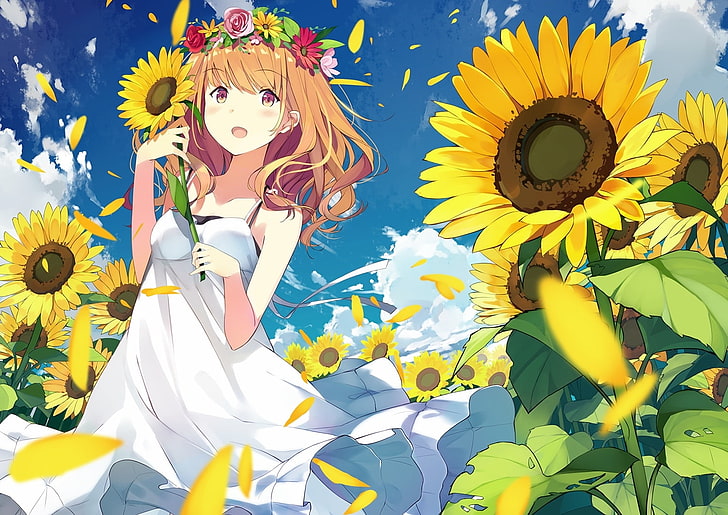 Anime Mädchen, Sommerkleid, Sonnenblumen, weißes Kleid, Wind, Blütenblätter, Anime, HD-Hintergrundbild