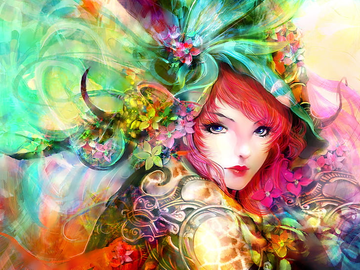 Art painting, girl, eyes, face, flowers, red hair, colorful, Art, Painting, Girl, Eyes, Face, Flowers, Red, Hair, Colorful, HD wallpaper