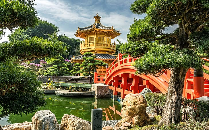 Bäume, Natur, Teich, Steine, Hong Kong, China, Pagode, Brücke, Pavillon, Parkgarten, Nan Lian, HD-Hintergrundbild
