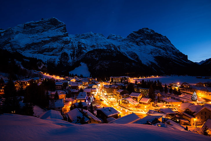 time-lapse photography of cityscape, winter, light, snow, mountains, night, lights, France, building, home, village, Alps, Vanoise, HD wallpaper