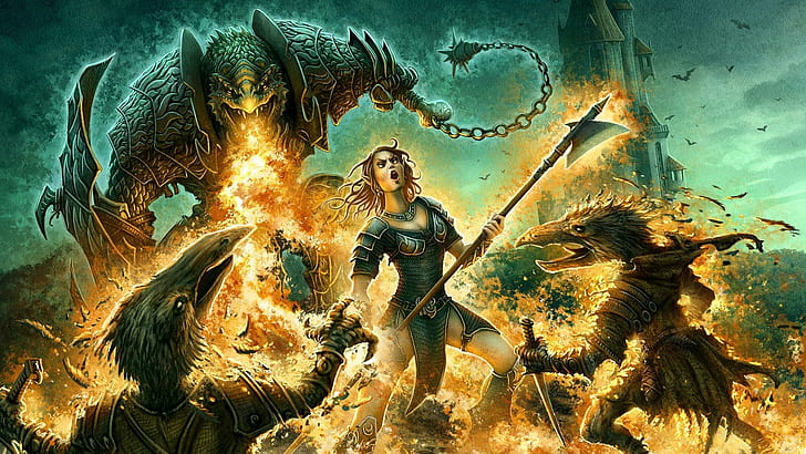 Огненные существа против воина-эльфа, воин-амазонка, сражающаяся против воинов-птиц, иллюстрация, фэнтези, 1920x1080, огонь, существо, монстр, женщина, воин, HD обои