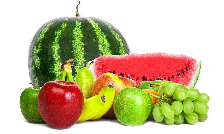 watermelon, grapes, apple, and bananas, berries, apples, watermelon, grapes, bananas, white background, pear, fruit, fruits, HD wallpaper