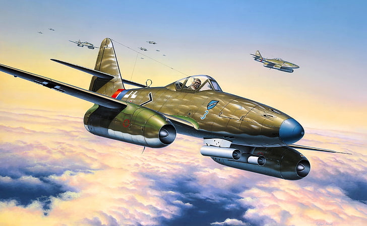 braunes Kampfflugzeug, der Himmel, Figur, Kunst, Der Zweite Weltkrieg, Deutscher, Me 262, A-1a, Düsenjäger, HD-Hintergrundbild