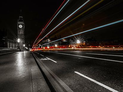 time lapse selective color photography of road near big bed tower during night time, Light, Trails, time lapse, selective color photography, road, big, bed, tower, night time, 60mm, London, Olympus E-3, SLR, Zuiko Digital, black-and-white, digital-camera, digital-slr, evening, event, family, long exposure, low angle, night, outdoors, partial, white  road, tinted, trip, traffic, street, highway, speed, famous Place, urban Scene, transportation, blurred Motion, illuminated, cityscape, dusk, HD wallpaper HD wallpaper