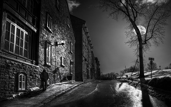 foto em escala de cinza de pessoa andando perto de prédio, lua, árvores, rua, noite, monocromático, arquitetura, prédio antigo, construção, HD papel de parede