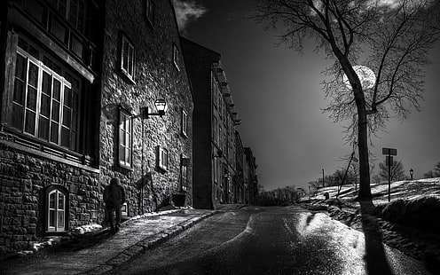 grayscale photo of person walking near building, Moon, trees, street, night, monochrome, architecture, old building, building, HD wallpaper HD wallpaper