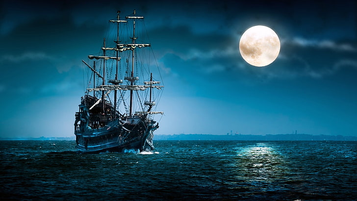 statek galeonowy na akwenie wodnym wzięty w porze nocnej z pełnią księżyca, księżycem, morzem, statkiem, sztuką fantasy, Tapety HD