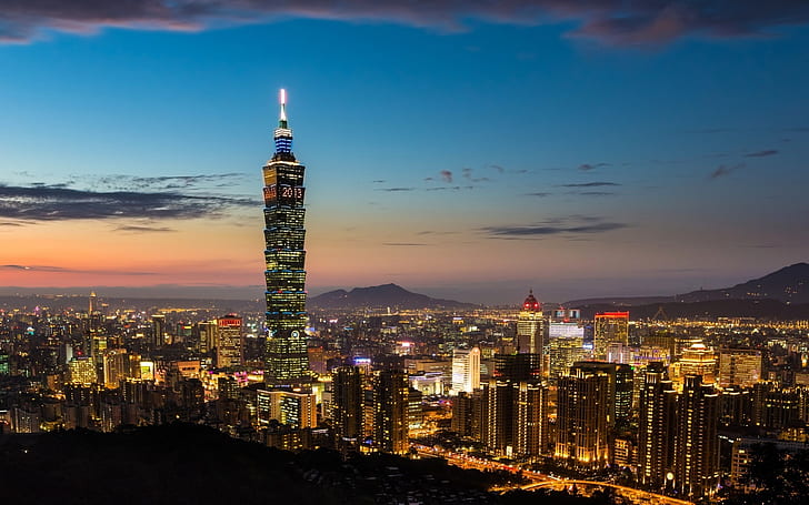 Noc w Tajpej, Tajwanie, Tajpej, Republice Chińskiej, wieżowiec Tajpej 101, miasto, widok, noc, światła, Tapety HD