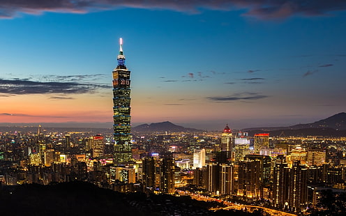 Noite em Taipei, Taiwan, Taipei, República da China, arranha-céu Taipei 101, cidade, vista, noite, luzes, HD papel de parede HD wallpaper