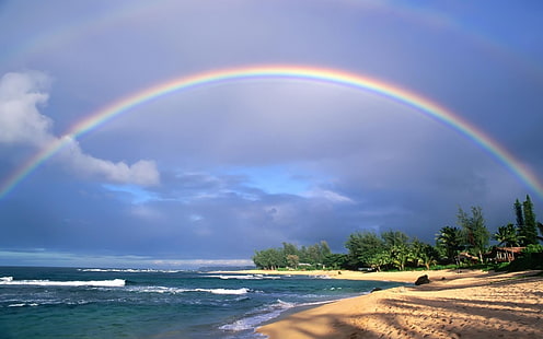 Двойные радуги, море под радугой, природа, пейзаж, мир обои, HD обои HD wallpaper