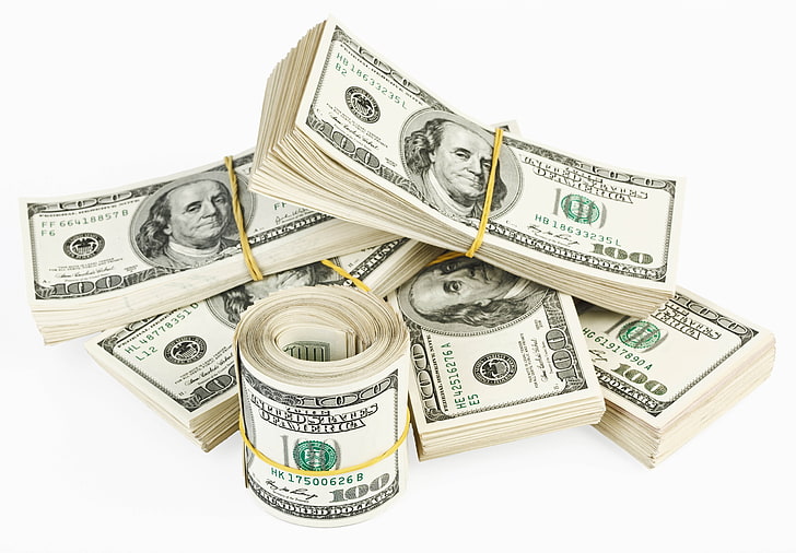 100 US-Dollar Banknotenlos, Dollar, Geld, Satz, weißer Hintergrund, HD-Hintergrundbild