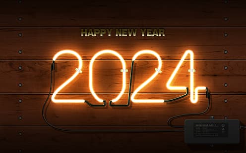 2024 (год), Новый год, неоновая вывеска, неон, блок питания, HD обои HD wallpaper