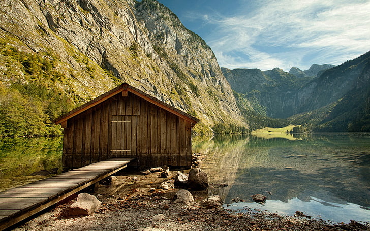 rumah kayu coklat dan hitam, alam, lanskap, refleksi, gubuk, pegunungan, air, danau, orang yang menyaksikan, Wallpaper HD