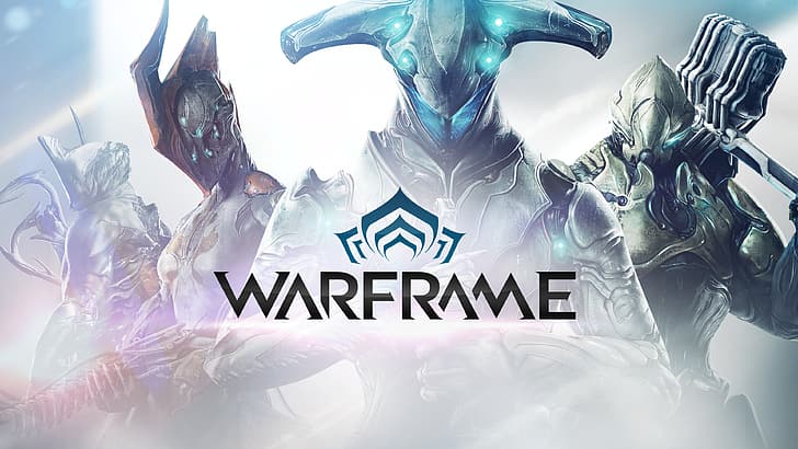 Warframe, logo, Loki (Warframe), Rhino (Warframe), Ember (Warframe), Excalibur (Warframe), niebla blanca, niebla, Fondo de pantalla HD