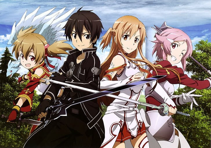 Sword Art Online, Asuna Yuuki, Kirito (Sword Art Online), Lisbeth (Sword Art Online), Pina (Sword Art Online), Silica (Sword Art Online), Fondo de pantalla HD
