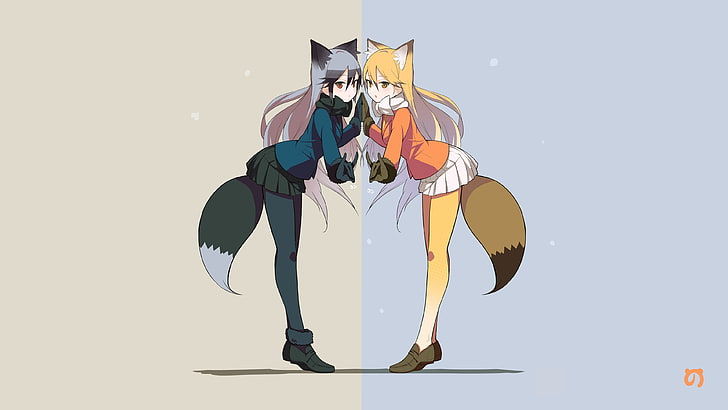 Kemono Friends, Red fox (Kemono friends), Silver fox (Kemono friends), tiptoe, fox tail, animal ears, fox girl, kitsunemimi , anime girls, anime, HD wallpaper
