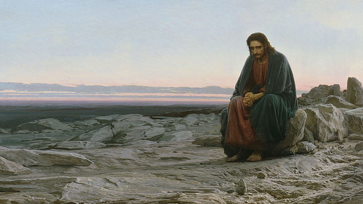 Jésus-Christ, oeuvre d'art, art classique, peinture, Ivan Kramskoy, Jésus-Christ, assis, tristesse, seul, rocher, désert, christianisme, religion, pieds nus, paysage, Fond d'écran HD