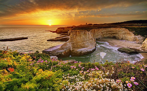 Sunset Ocean Waves Sea Coast Rocks Orange Sky Horizon Hd fondo de pantalla para PC Tablet y móvil 2560 × 1600, Fondo de pantalla HD HD wallpaper