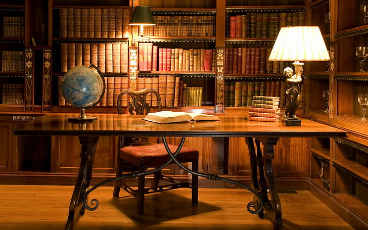 armoire, arrière-plans de table, livre, globe, lampe, livres, bibliothèque, Télécharger armoire 3840x2400, Fond d'écran HD