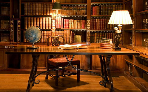 kabinett, tisch hintergründe, buch, globus, lampe, bücher, bibliothek, herunterladen 3840x2400 Kabinett, HD-Hintergrundbild HD wallpaper