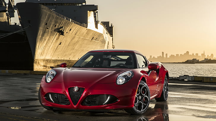 red coupe in front of ship, Alfa Romeo 4C, sports car, Type 960, Alfa Romeo, supercar, red, front, harbor, vessel, 2015 Detroit Auto Show. NAIAS, HD wallpaper