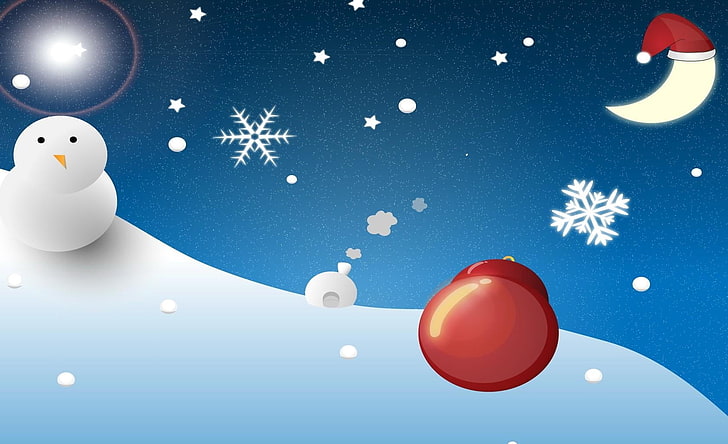 обои снеговик, снеговик, луна, рождество, снежинки, елочные украшения, воздушный шар, HD обои