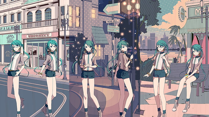 personaje femenino animado con fondo de pantalla digital de cabello azul, twintails, chicas anime, collage, anime, Hatsune Miku, Fondo de pantalla HD